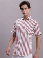 Thumbnail for Jainish Men's Red Vertical Striped Half Sleeve Casual Shirt - Distacart