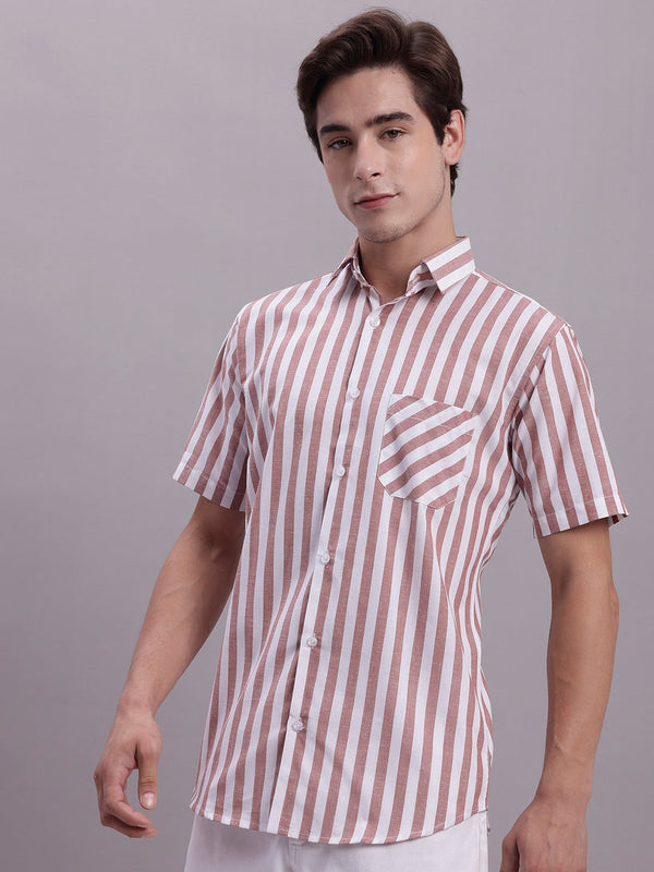 Jainish Men's Red Vertical Striped Half Sleeve Casual Shirt - Distacart