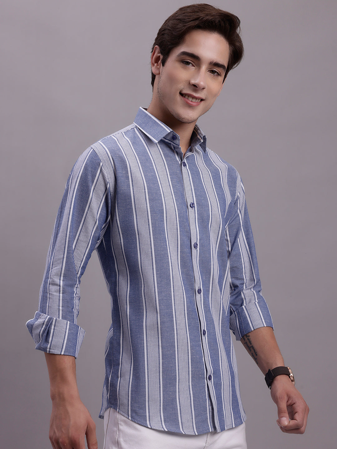 Jainish Men's Striped Casual Shirt - Blue - Distacart