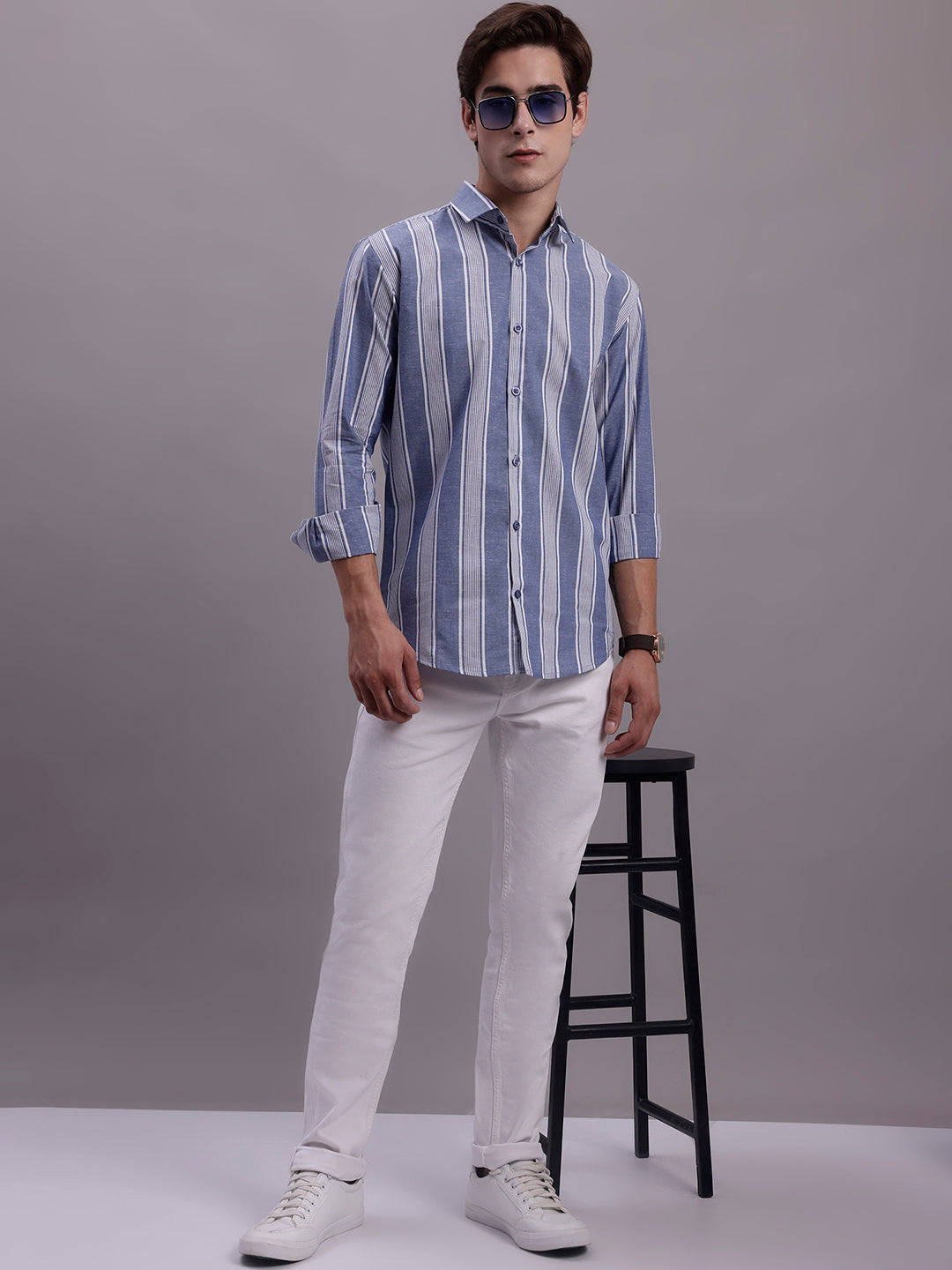 Jainish Men's Striped Casual Shirt - Blue - Distacart