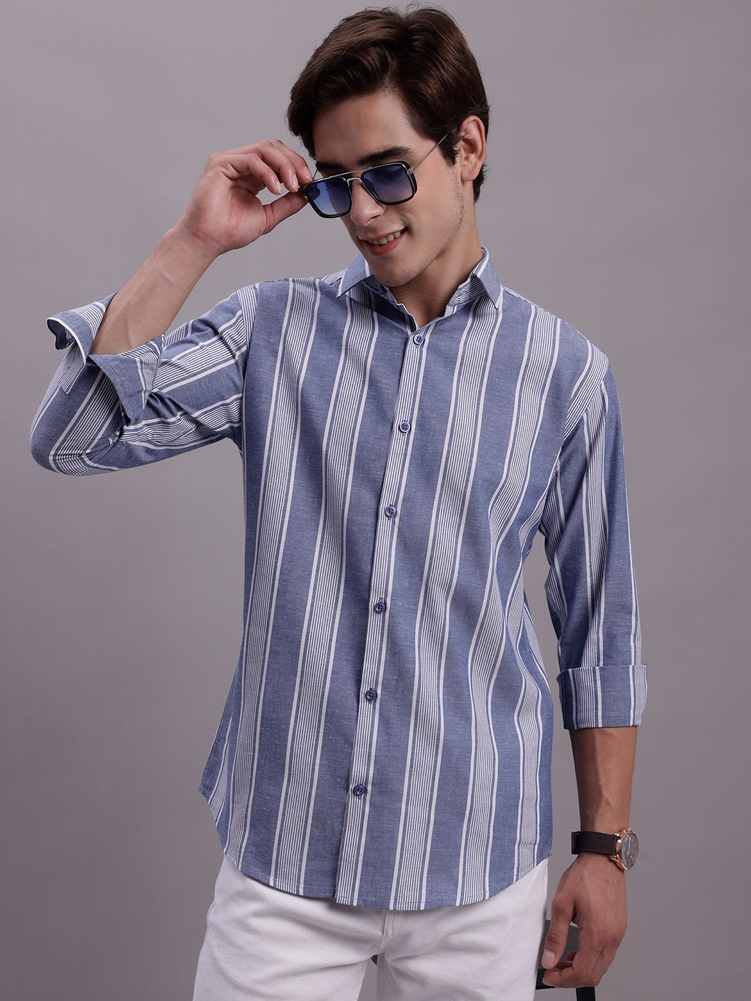 Jainish Men's Striped Casual Shirt - Blue - Distacart