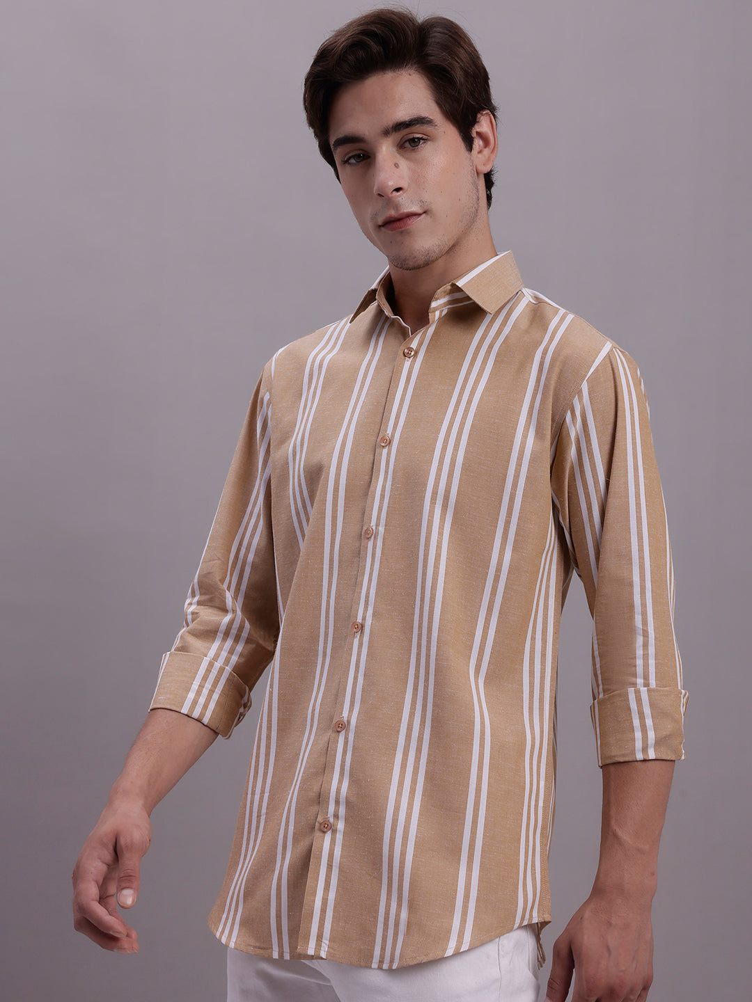 Jainish Men's Striped Casual Shirt - Brown - Distacart