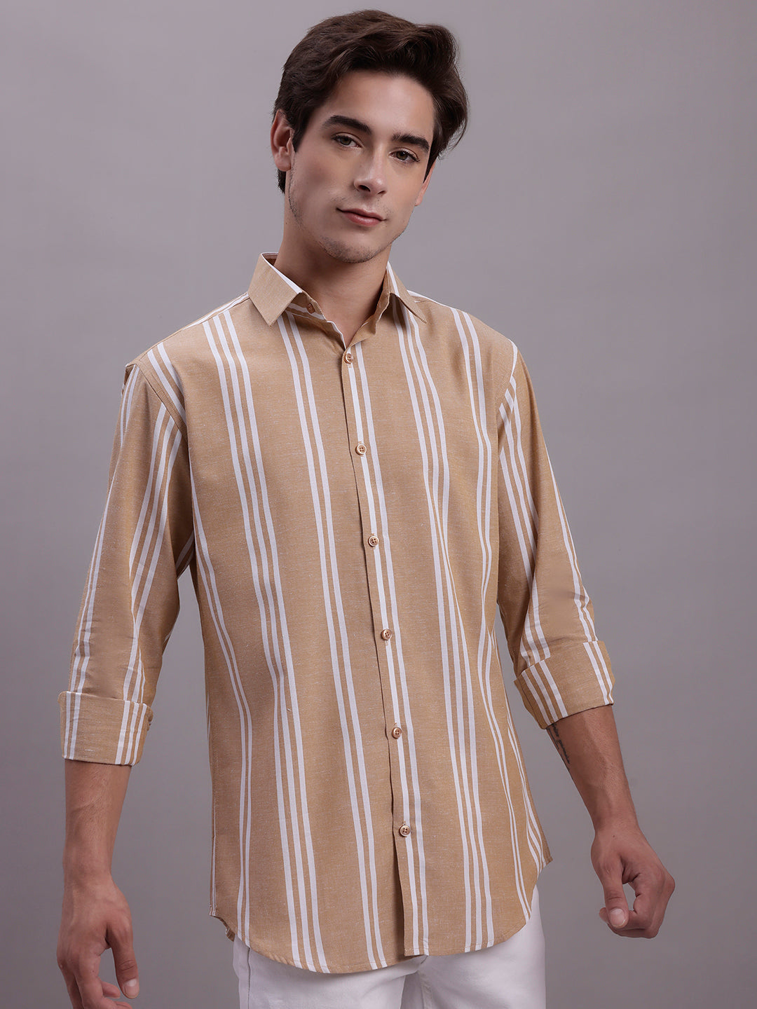 Jainish Men's Striped Casual Shirt - Brown - Distacart