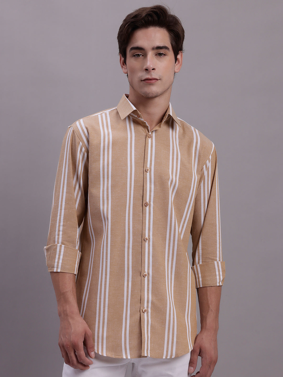 Jainish Men's Striped Casual Shirt - Brown - Distacart