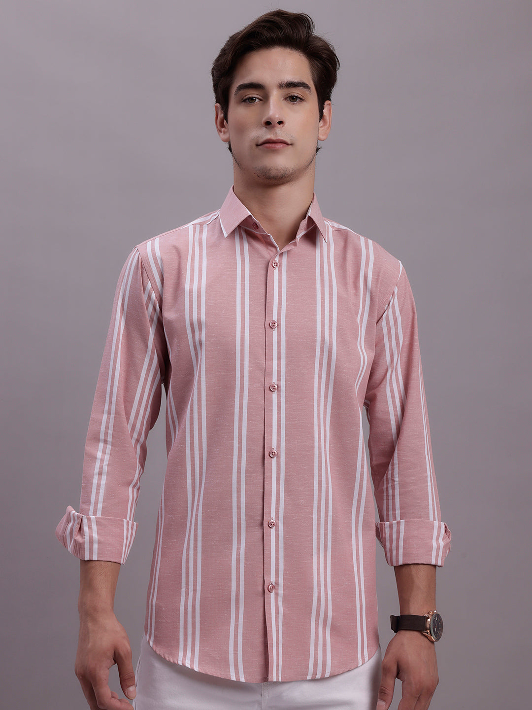Jainish Men's Striped Casual Shirt - Coral - Distacart