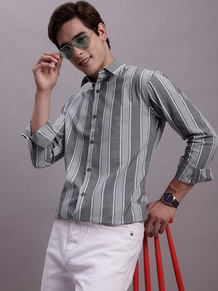 Jainish Men's Striped Casual Shirt - Grey - Distacart