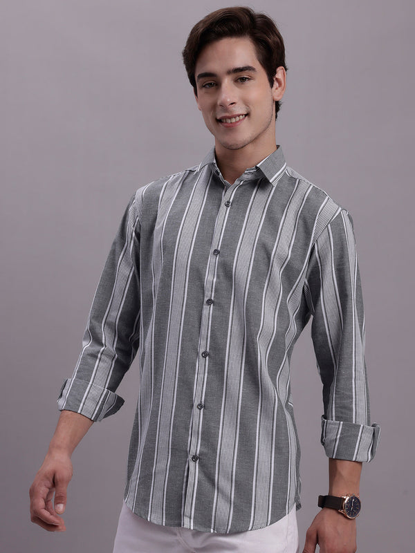Jainish Men's Striped Casual Shirt - Grey - Distacart