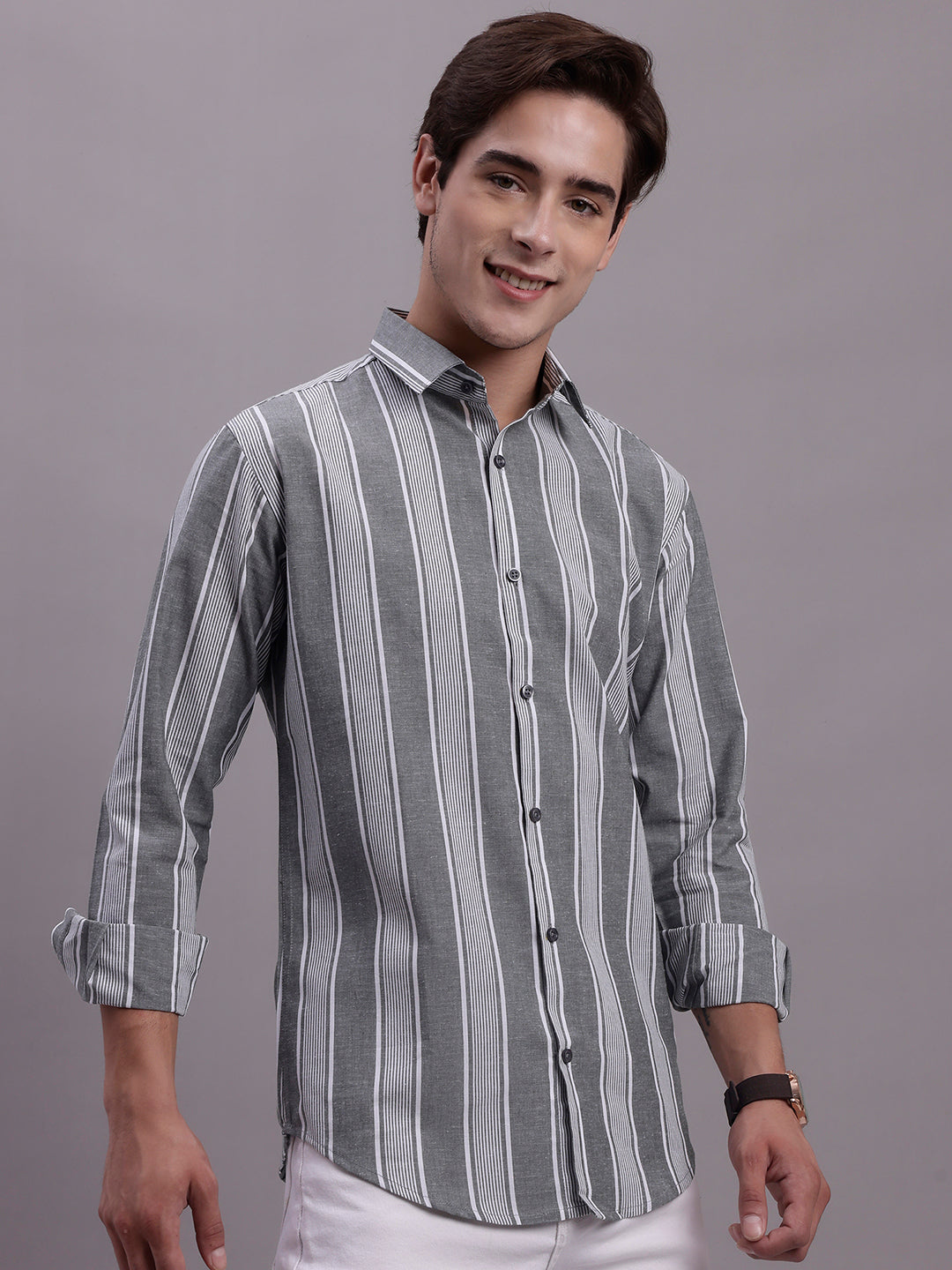 Jainish Men's Striped Casual Shirt - Grey - Distacart