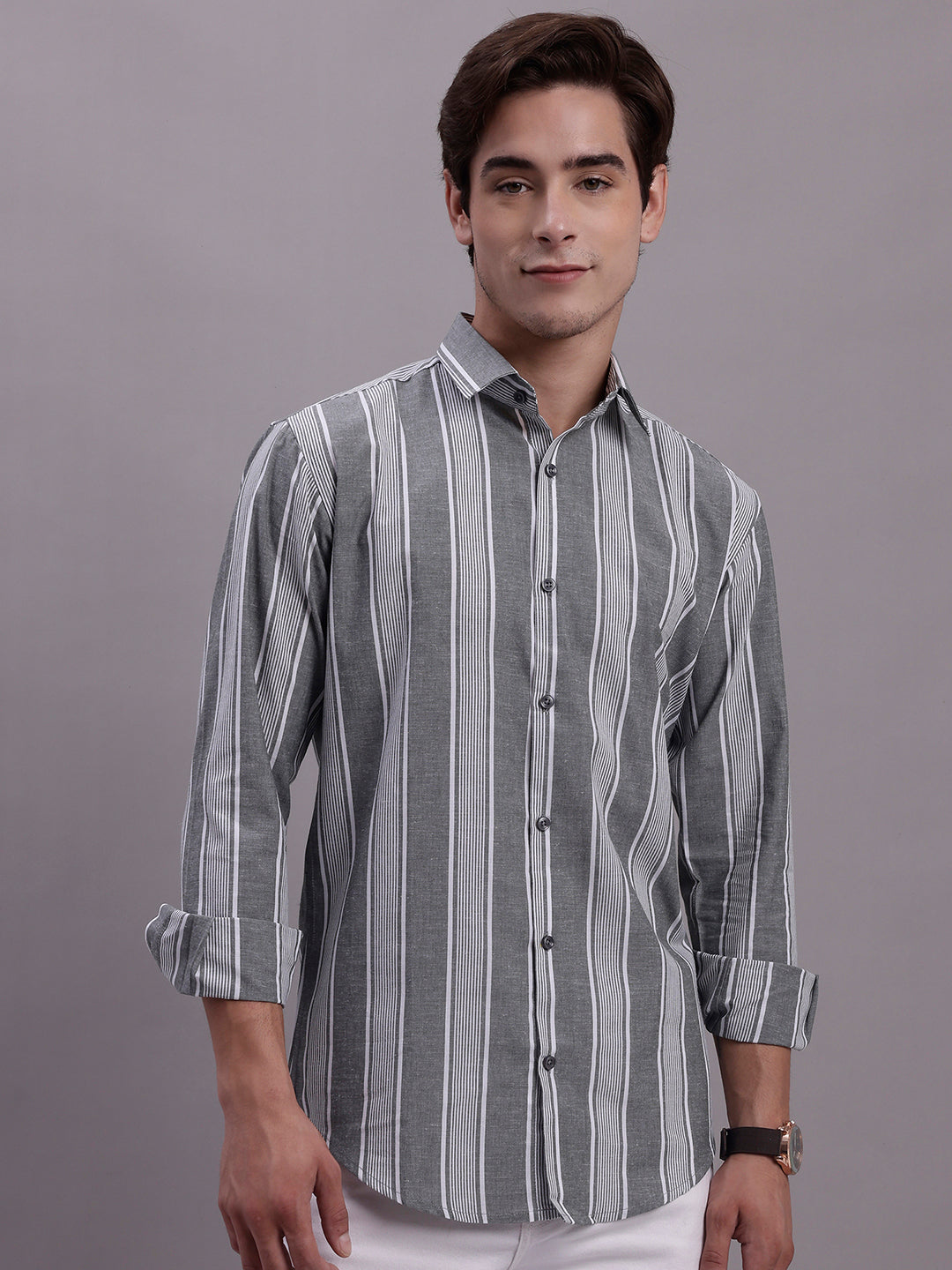 Jainish Men's Striped Casual Shirt - Grey - Distacart