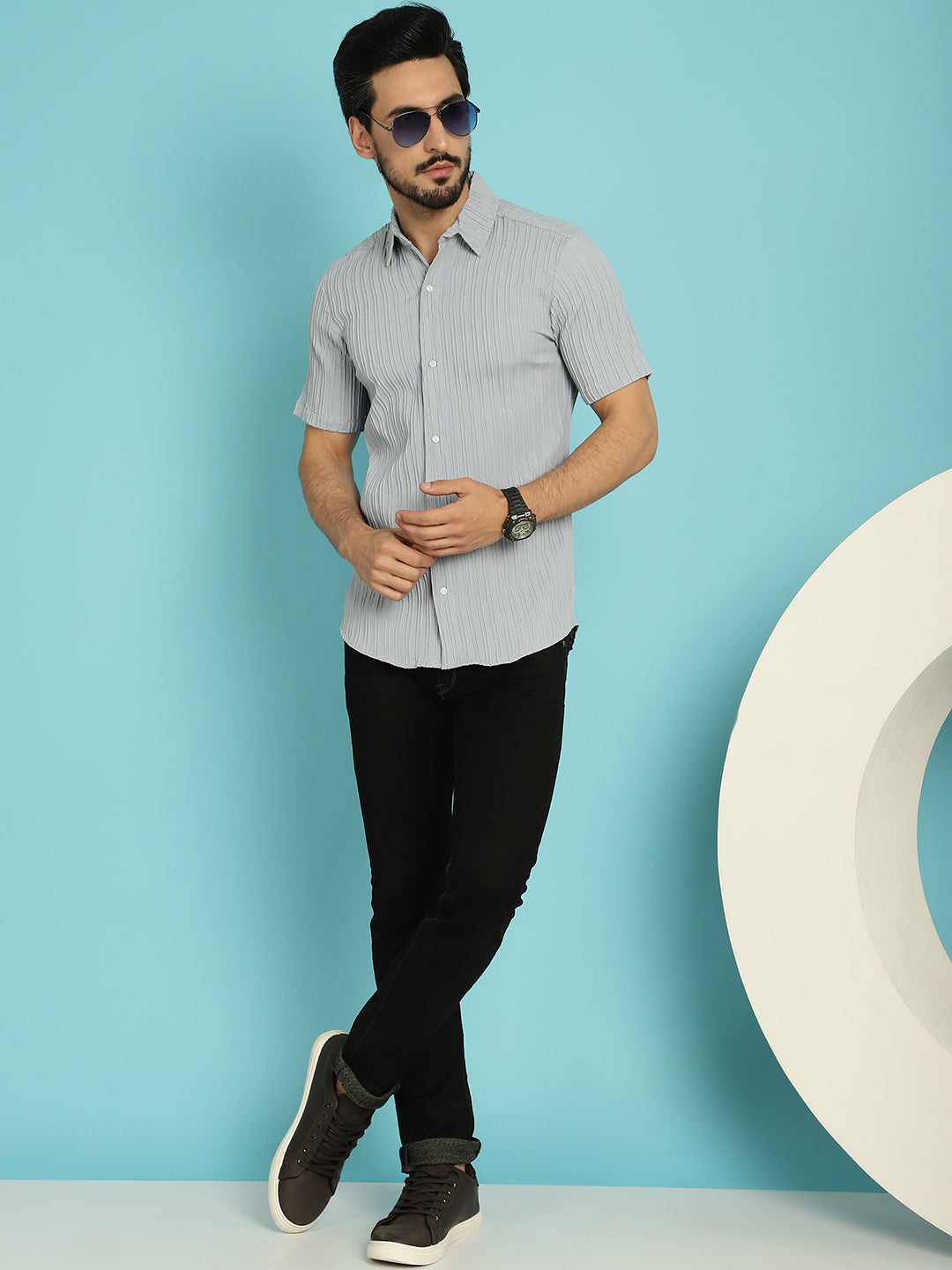 Indian Needle Men's Striped Casual Shirt - Light-Grey - Distacart