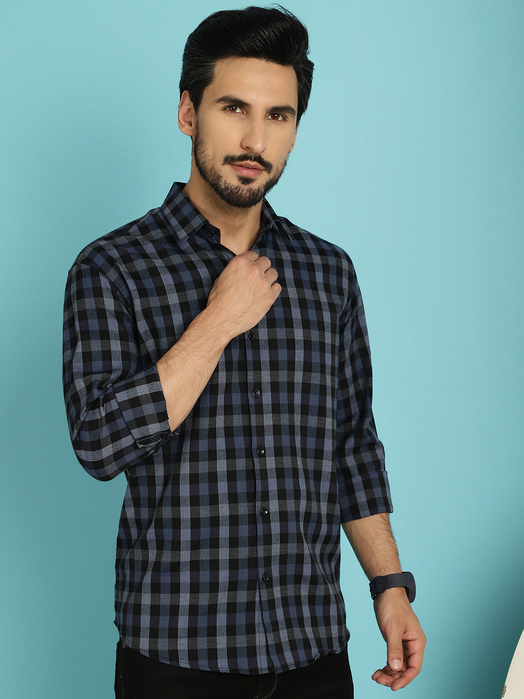 Indian Needle Men's Checked Casual Shirt - Navy Blue - Distacart