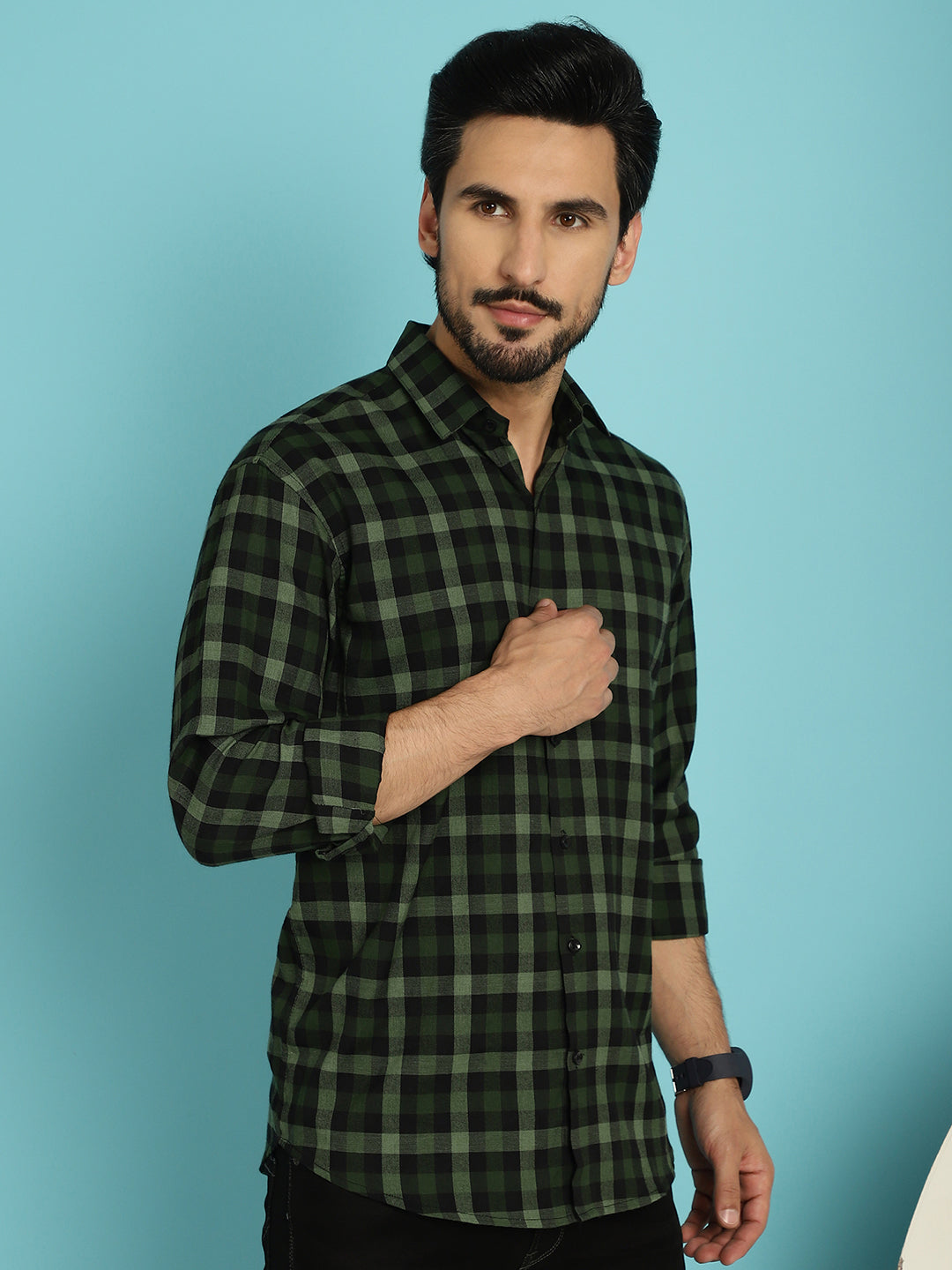 Indian Needle Men's Checked Casual Shirt - Olive - Distacart
