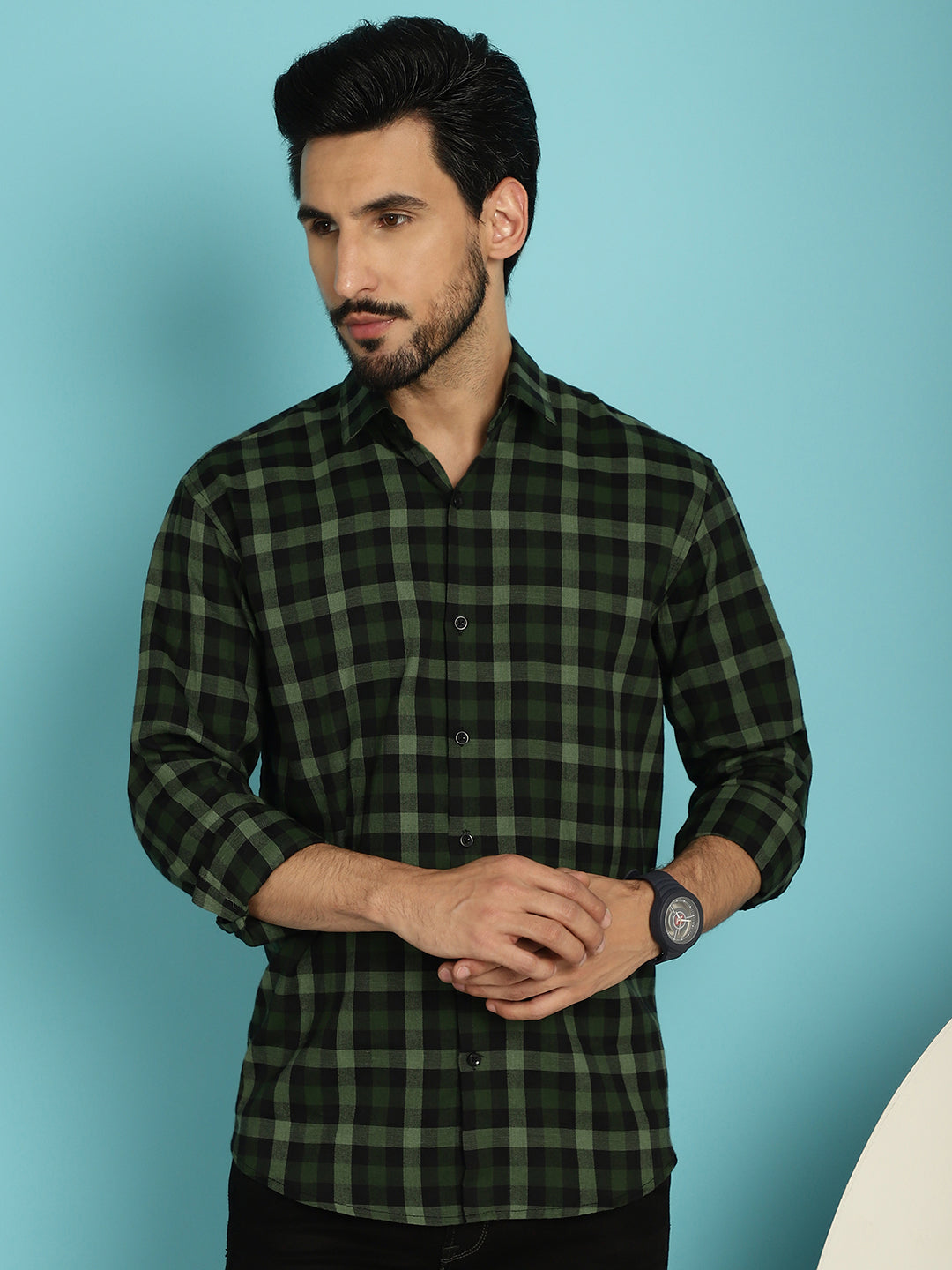 Indian Needle Men's Checked Casual Shirt - Olive - Distacart
