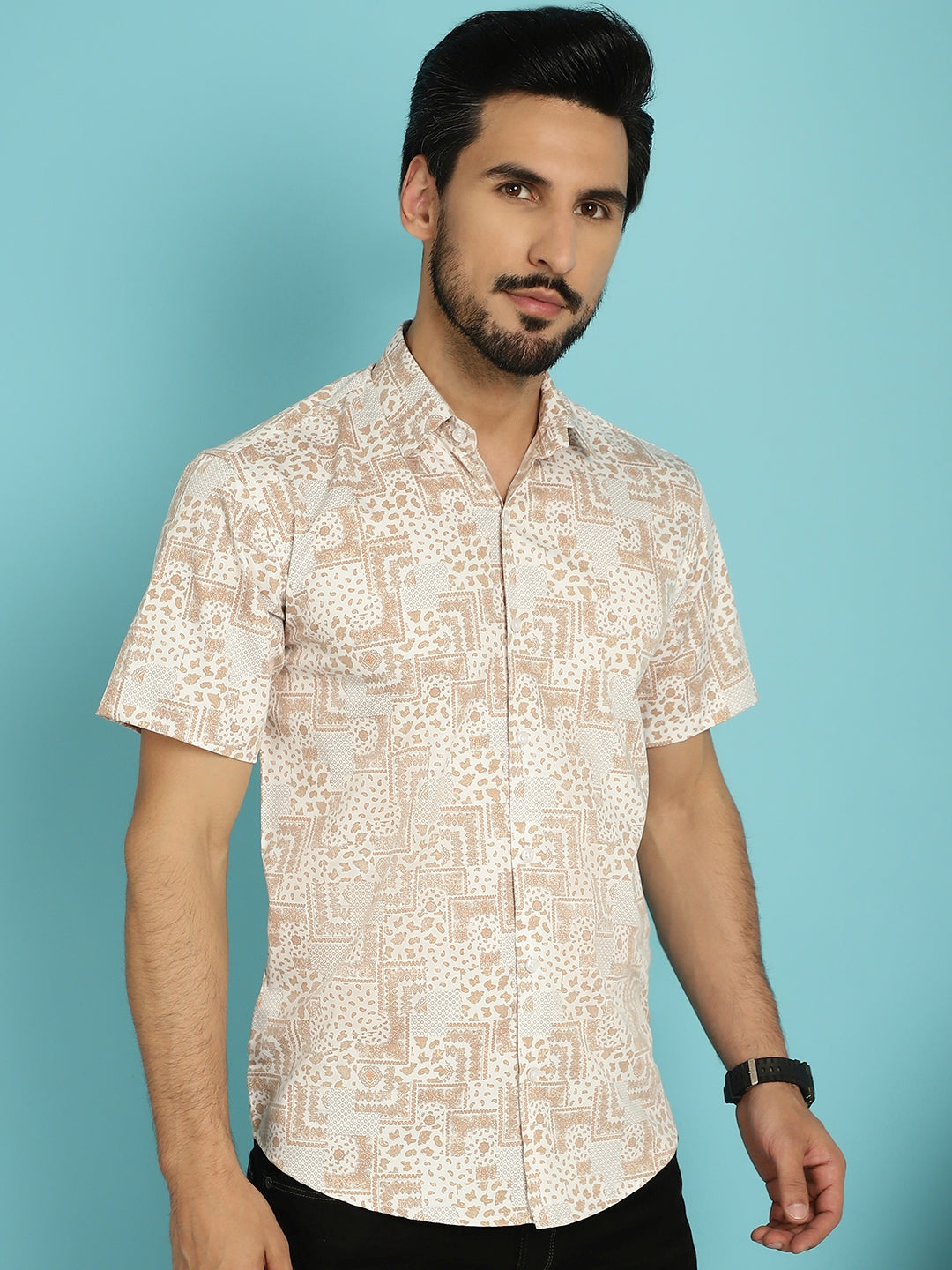 Indian Needle Men's Printed Casual Shirt - Peach - Distacart