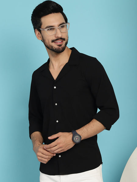 Indian Needle Men's Lapel Collar Casual Shirt - Black - Distacart