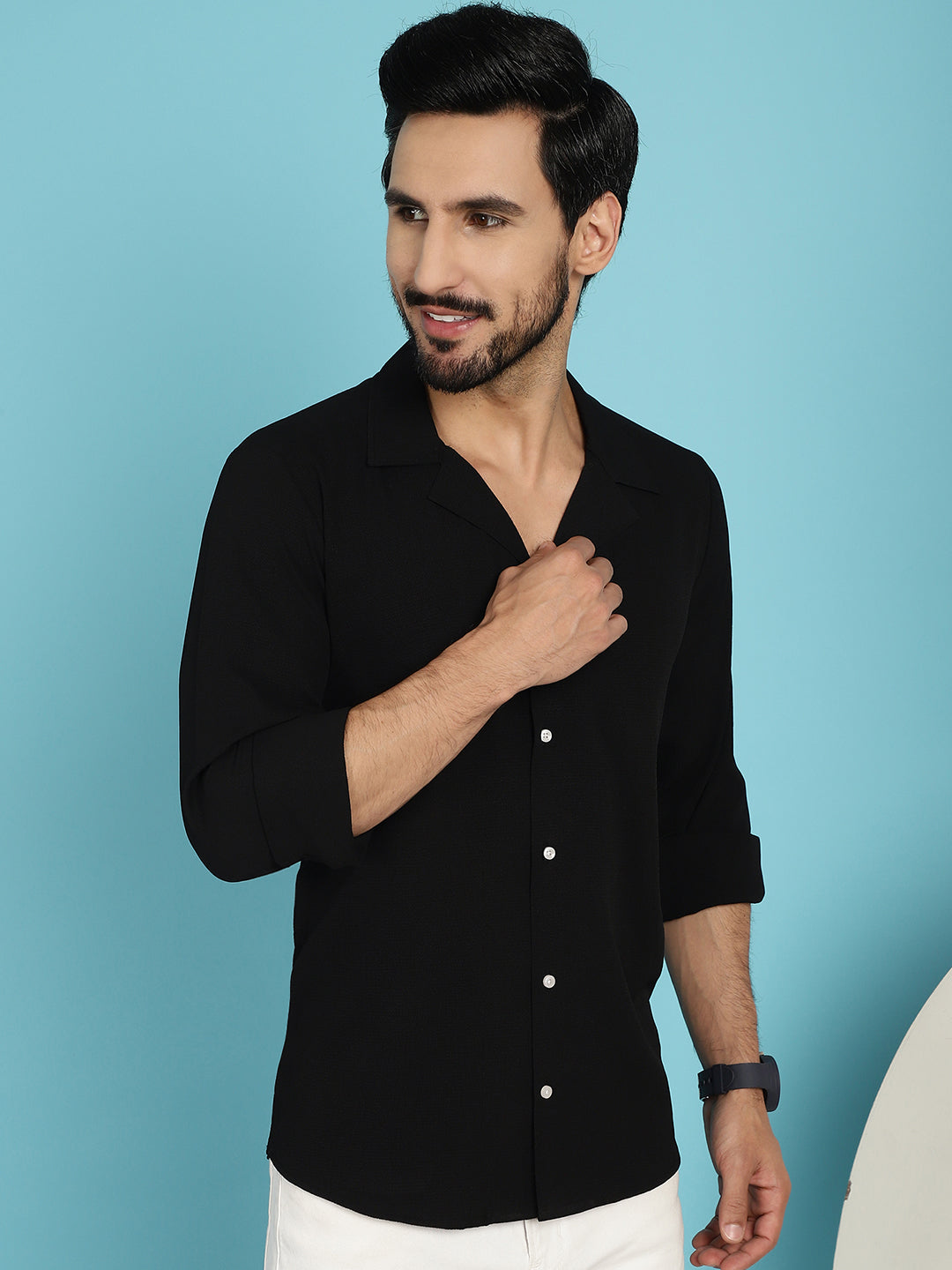 Indian Needle Men's Lapel Collar Casual Shirt - Black - Distacart