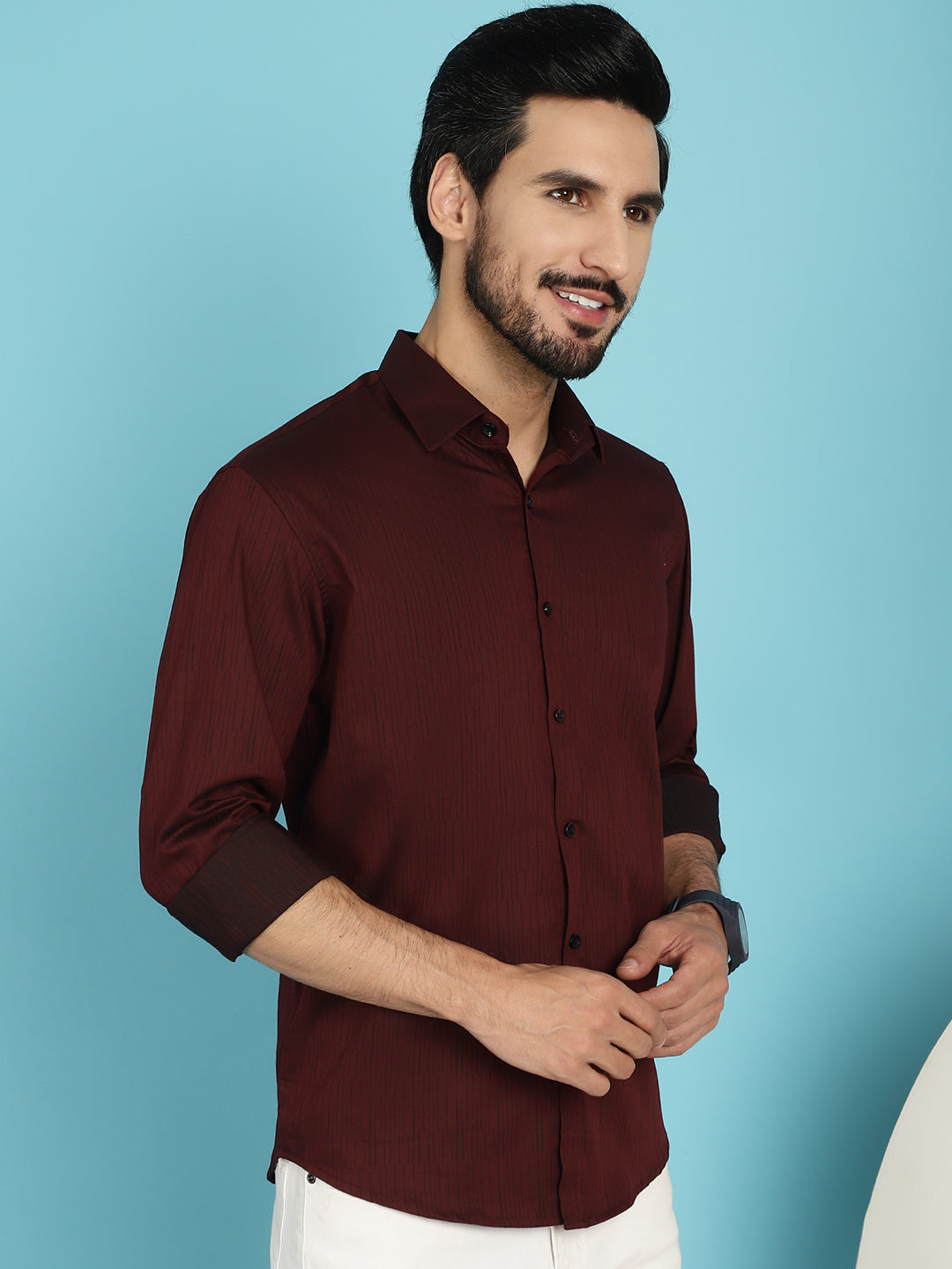 Indian Needle Men's Woven Design Casual Shirt - Maroon - Distacart