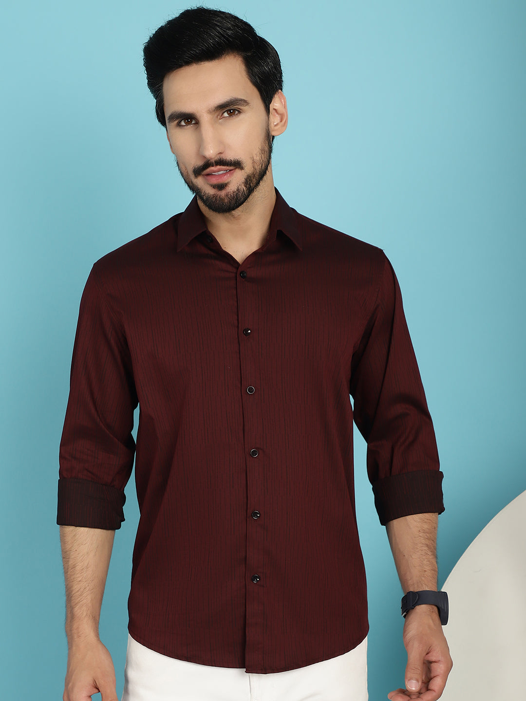 Indian Needle Men's Woven Design Casual Shirt - Maroon - Distacart