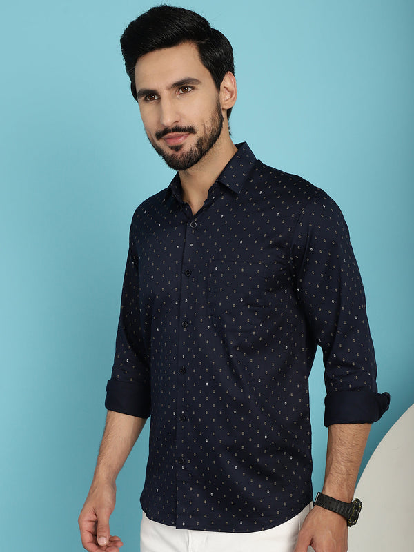 Indian Needle Men's Printed Casual Shirt - Navy Blue - Distacart