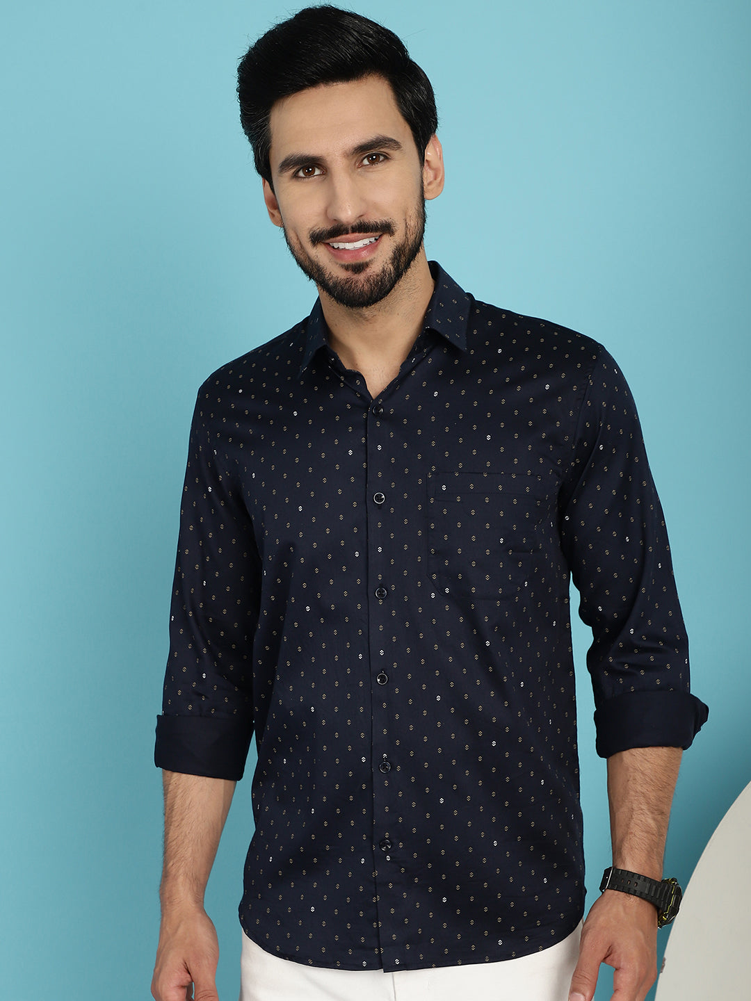 Indian Needle Men's Printed Casual Shirt - Navy Blue - Distacart