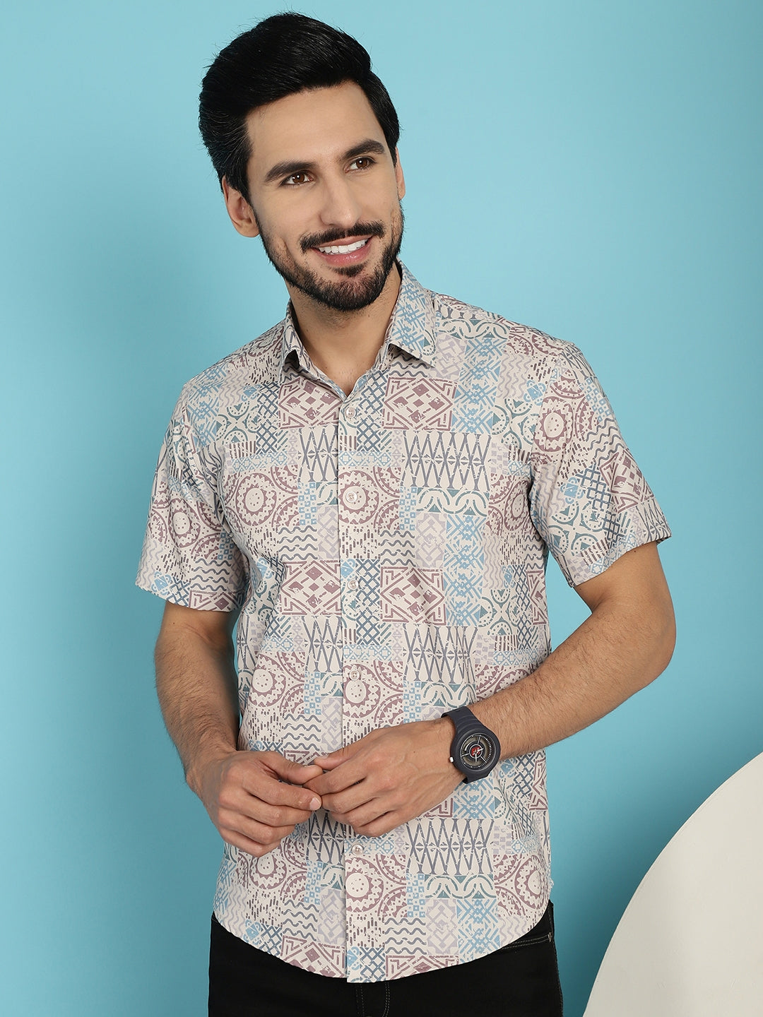 Indian Needle Men's Beige Printed Casual Shirt - Beige - Distacart