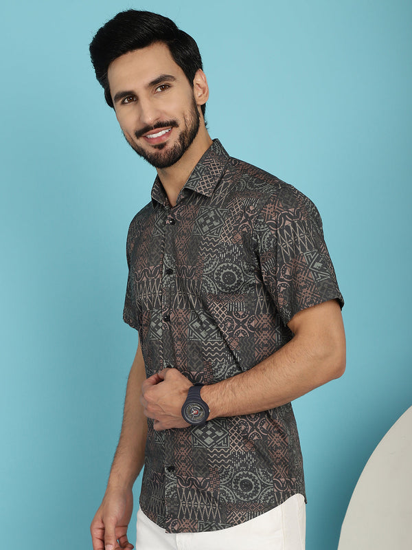 Indian Needle Men's Dark-Grey Printed Casual Shirt - Dark-Grey - Distacart