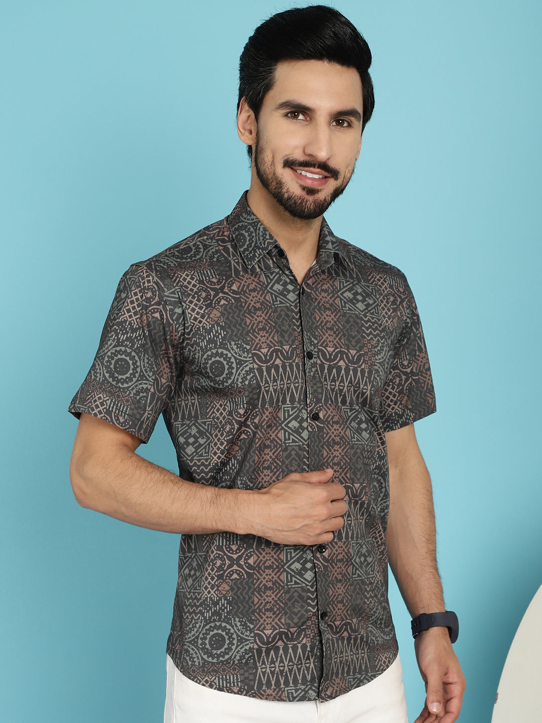 Indian Needle Men's Dark-Grey Printed Casual Shirt - Dark-Grey - Distacart