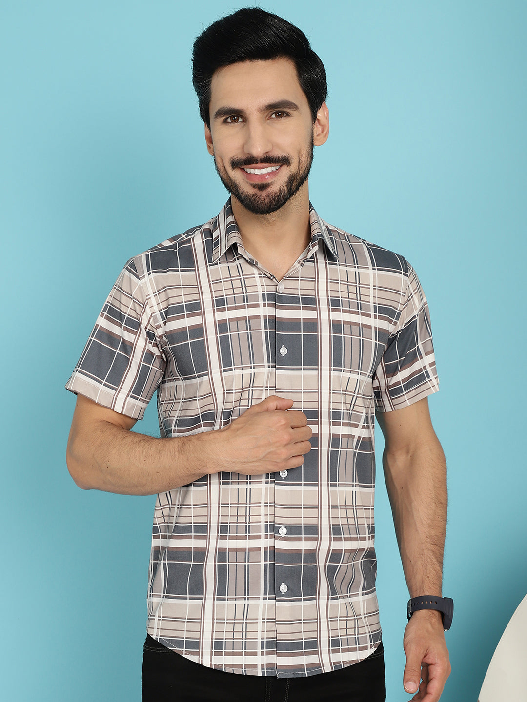 Indian Needle Men's Checked Casual Shirt - Grey - Distacart