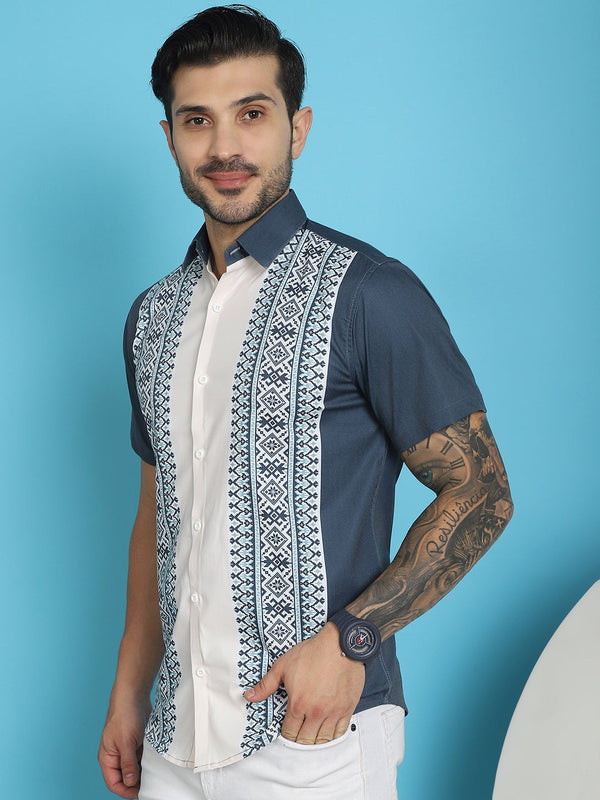 Indian Needle Men's Printed Half Sleeve Lycra Shirt - Charcoal - Distacart