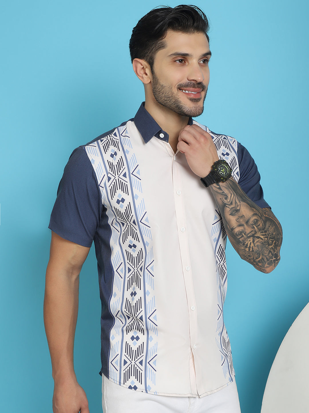 Indian Needle Men's Printed Half Sleeve Lycra Shirt - White - Distacart