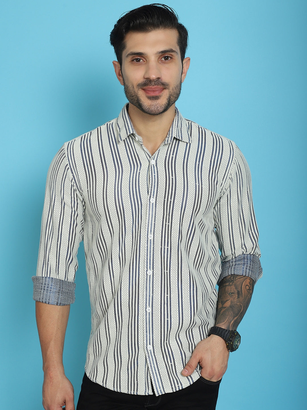 Indian Needle Men's Woven Design Cotton Shirt - Blue - Distacart