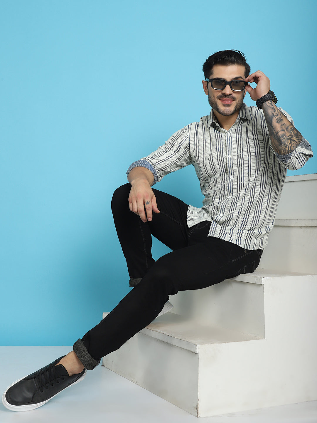 Indian Needle Men's Woven Design Cotton Shirt - Blue - Distacart