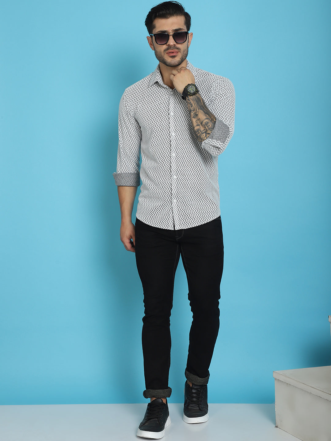 Indian Needle Men's Woven Design Cotton Shirt - White - Distacart