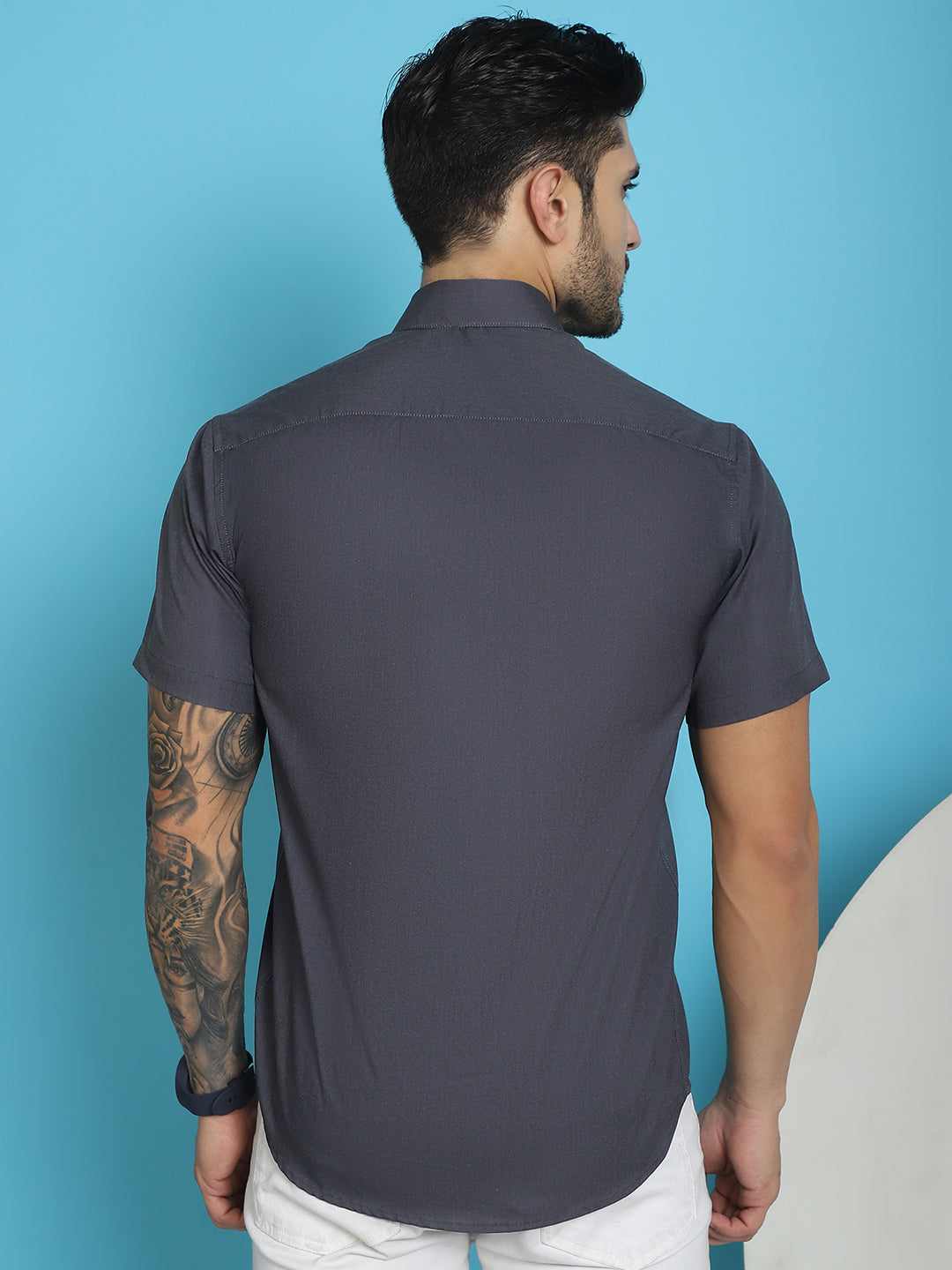 Indian Needle Men's Printed Half Sleeve Lycra Shirt - Charcoal - Distacart