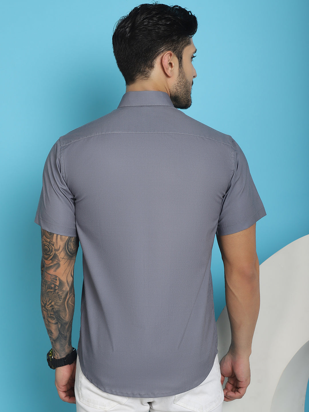 Indian Needle Men's Printed Half Sleeve Lycra Shirt - Grey - Distacart