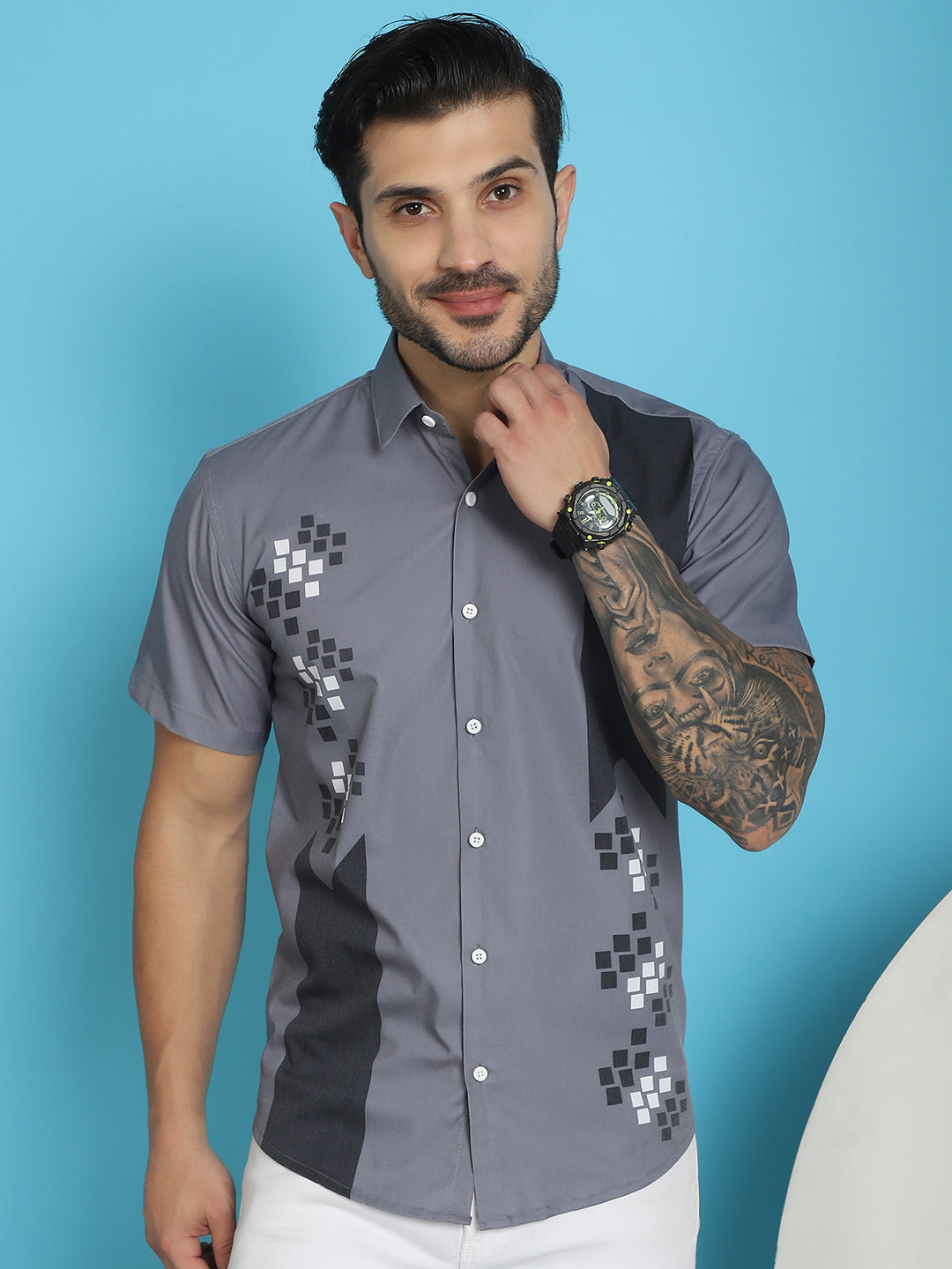 Indian Needle Men's Printed Half Sleeve Lycra Shirt - Grey - Distacart