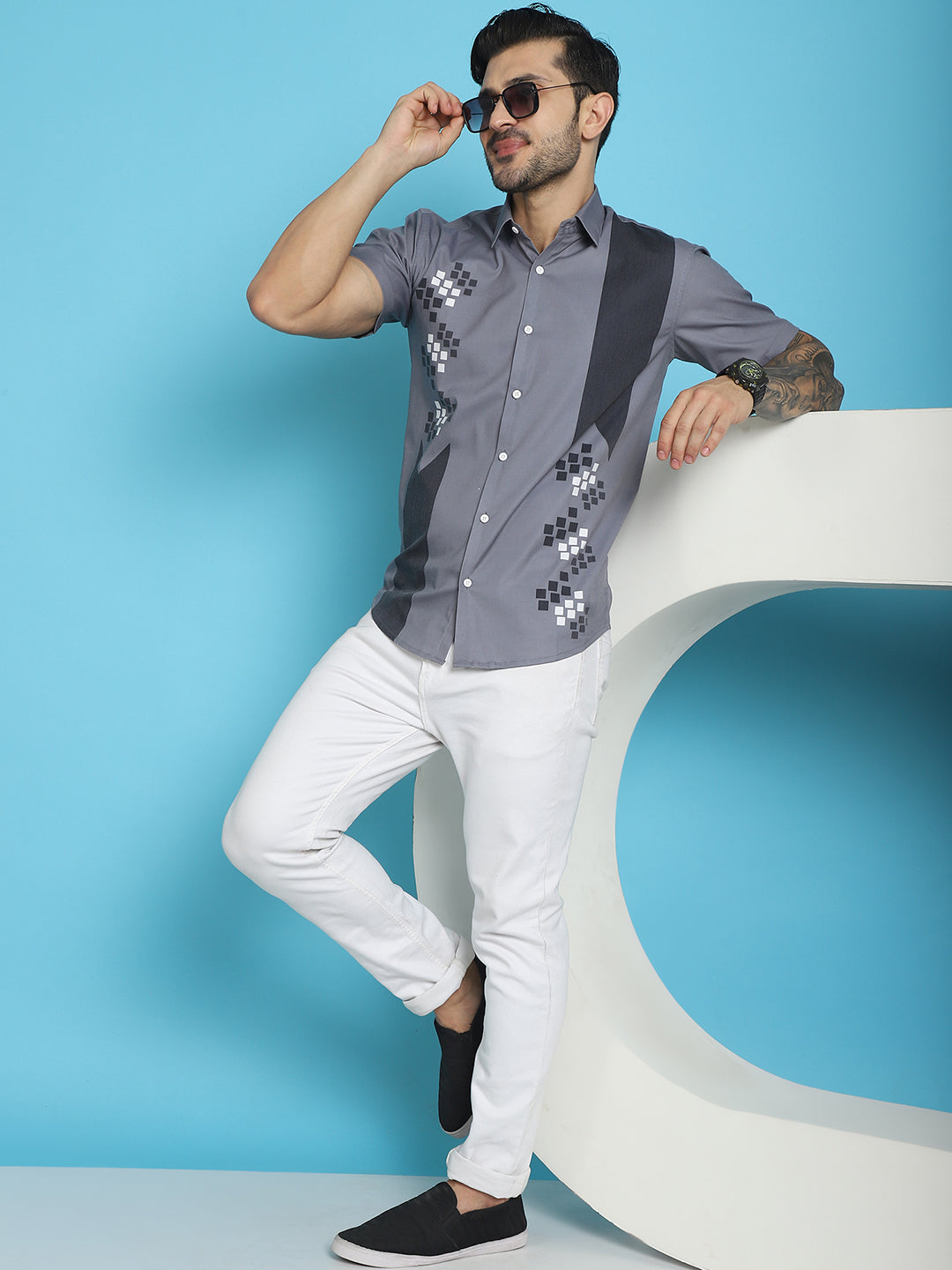 Indian Needle Men's Printed Half Sleeve Lycra Shirt - Grey - Distacart