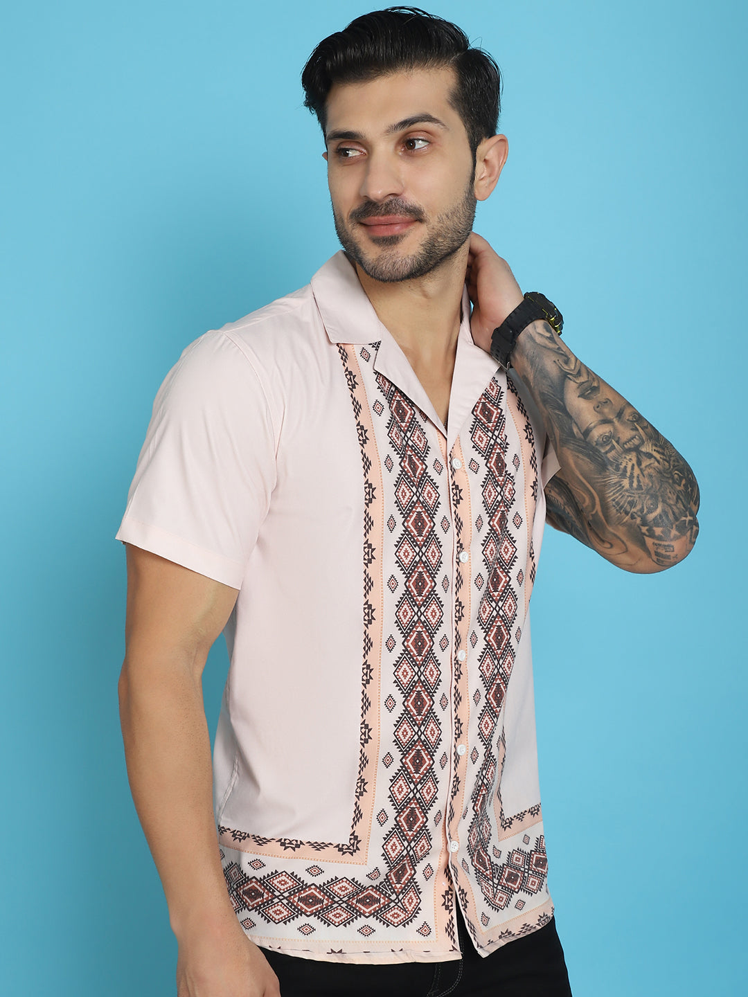 Indian Needle Men's Printed Half Sleeve Lycra Shirt - Pink - Distacart
