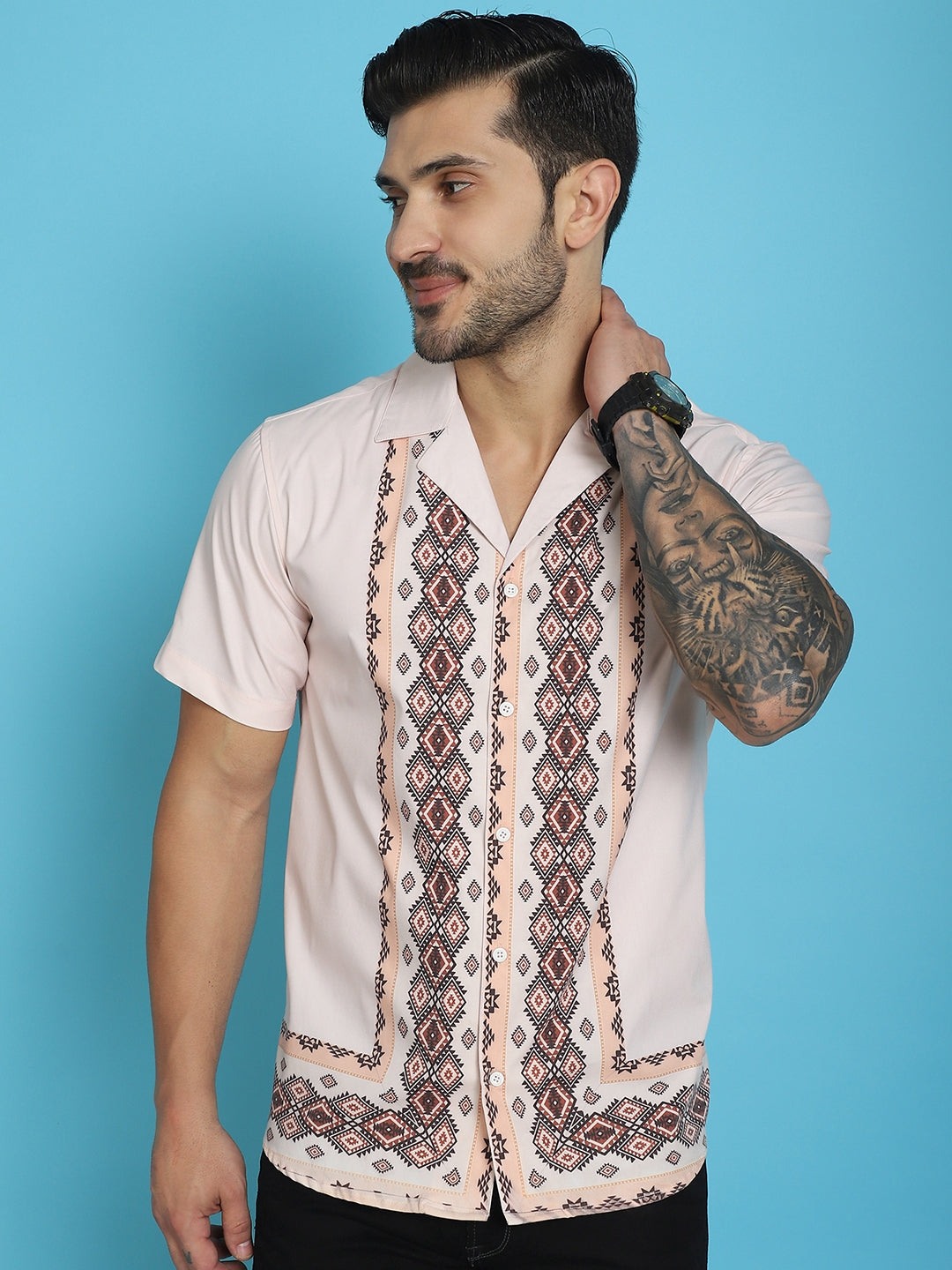 Indian Needle Men's Printed Half Sleeve Lycra Shirt - Pink - Distacart