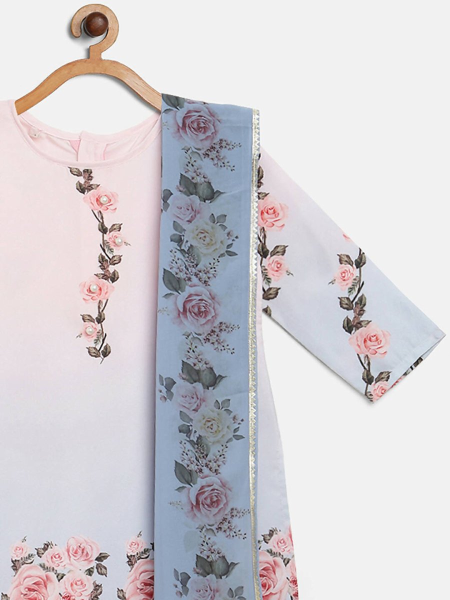 Ahalyaa Pink Crepe Floral Print Kids Kurta Sharara Set With Dupatta For Girls - Distacart