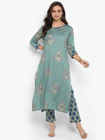 Thumbnail for Janasya Turquoise Green Rayon Foil Print Set - Distacart