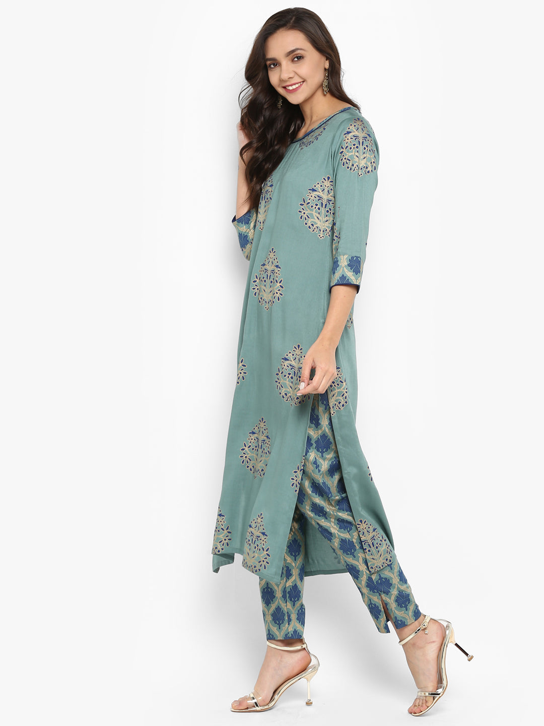 Janasya Turquoise Green Rayon Foil Print Set - Distacart