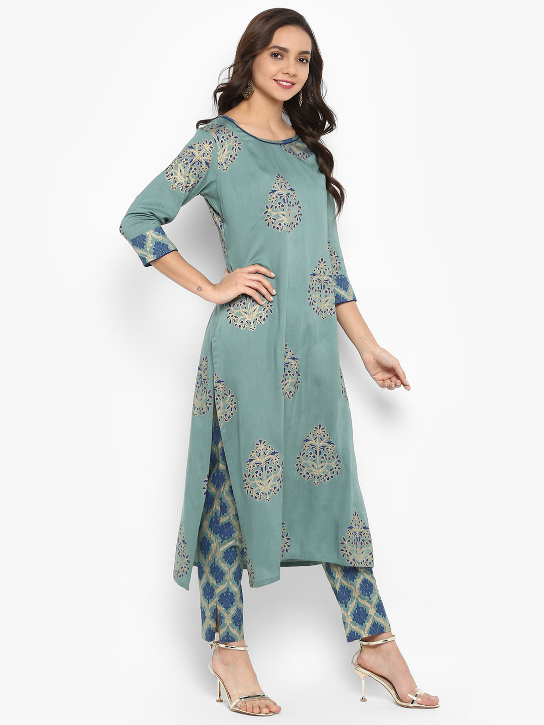 Janasya Turquoise Green Rayon Foil Print Set - Distacart