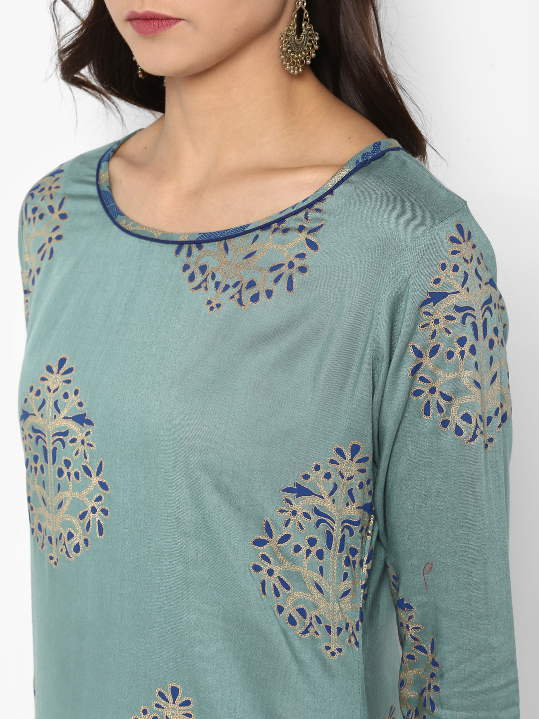 Janasya Turquoise Green Rayon Foil Print Set - Distacart