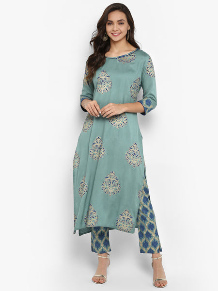 Janasya Turquoise Green Rayon Foil Print Set - Distacart