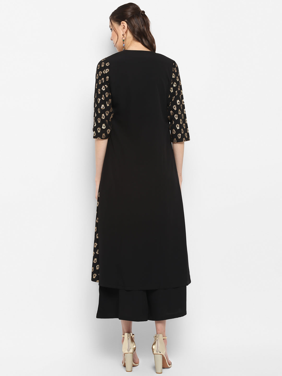 Janasya Black Poly Crepe Gold Print Set - Distacart