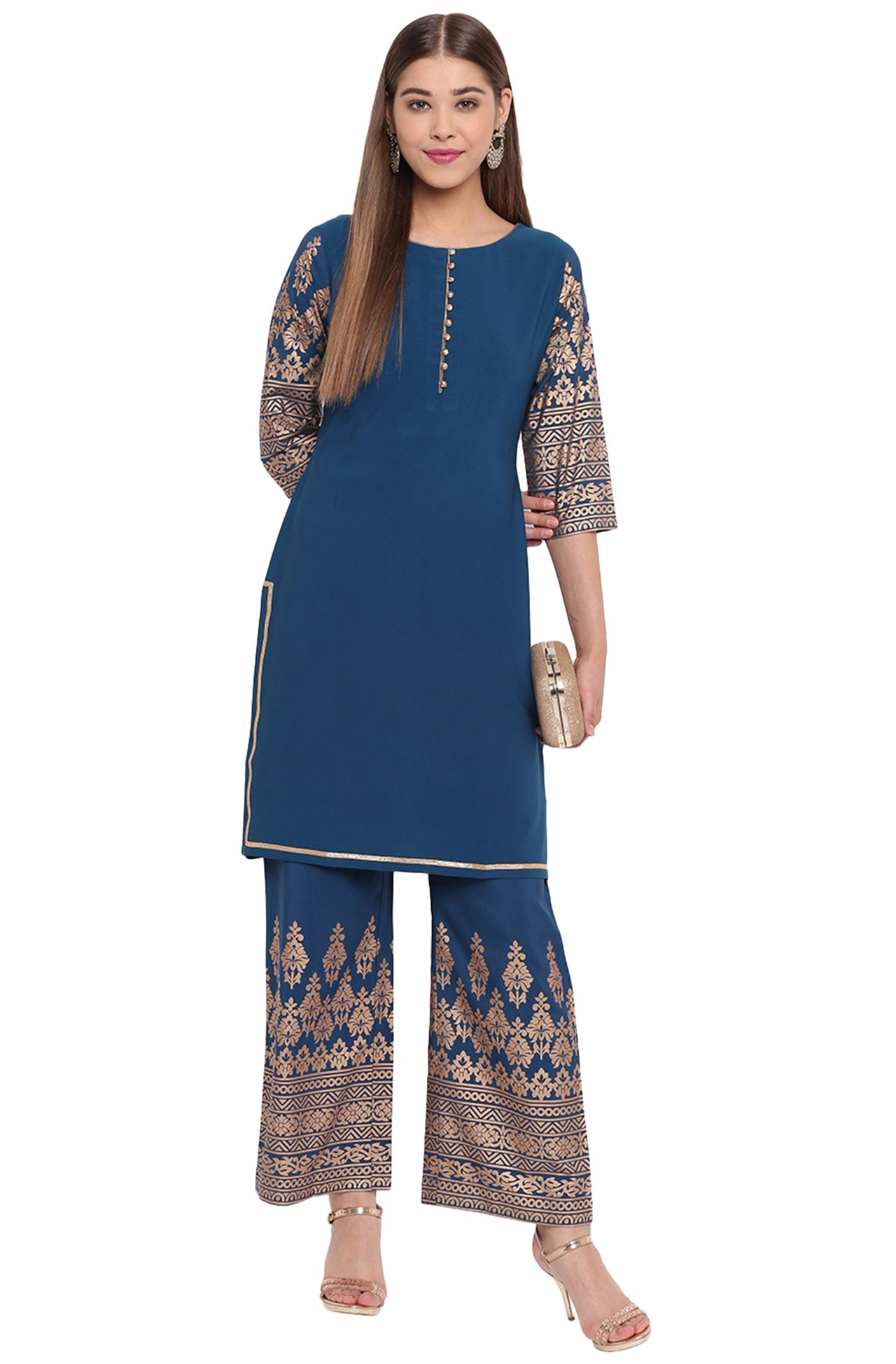 Janasya Teal Poly Crepe Printed Set