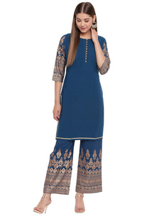 Thumbnail for Janasya Teal Poly Crepe Printed Set