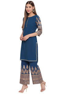 Thumbnail for Janasya Teal Poly Crepe Printed Set