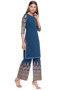 Thumbnail for Janasya Teal Poly Crepe Printed Set